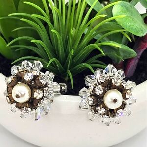 Vintage Vendome Crystal and Pearl Earrings Clip-On Silver-tone